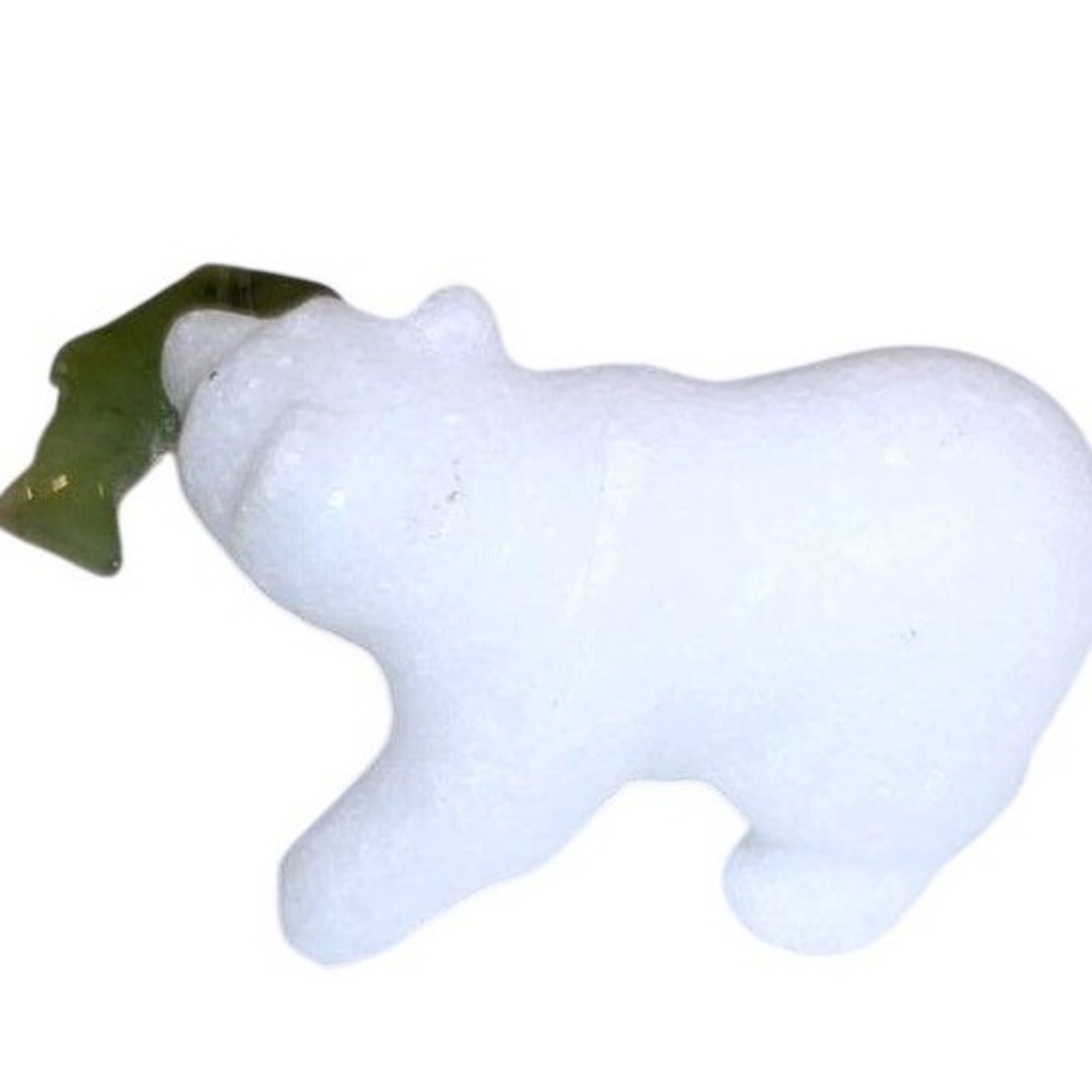 Vtg Miniature Hand Carved Alabaster Polar Bear Figurine Jade Fish Inuit Style